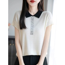 批发2026夏季新款真丝桑蚕丝短袖T恤女娃娃领薄款高级感针织冰丝上衣