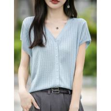 批发天丝短袖女开衫<b class='q'>T</b><b class='q'>恤</b><b class='q'>V领</b>薄款针织衫夏季新款宽松遮肉时尚别致上衣