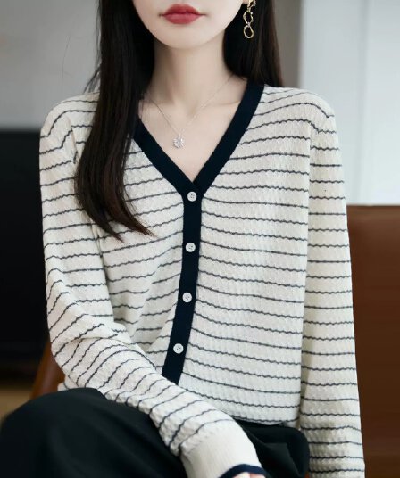 가을 새로운 스트라이프 오픈 가디건 여성 V넥 약화 된 양모 니트 재킷 루즈핏 슬림해 보이는 외부 가져 가라. 양모 니트 스웨터