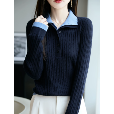 2025秋冬时尚翻领撞色假两件针织打底衫女韩系计感小众上衣含羊毛