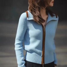 批发长袖翻领拉链纯色蓝色上衣女2025秋冬简约宽松休闲时尚超好看<b class='q'>开衫</b>