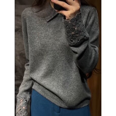 批发灰色翻领复古钩花袖口设计针织衫女2025秋冬新款简约百搭<b class='q'>大码</b>上衣