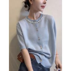 批发桑蚕丝羊毛法小香手工钉珠领短袖针织衫上衣小香钉珠