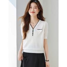 批发小香风提花v领短袖t恤女2026新款夏季薄款天丝针织衫含桑蚕丝上衣