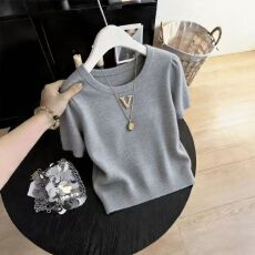 批发轻奢小众灰色针织短袖T恤女2026年夏季新款时髦减龄时尚气质上衣