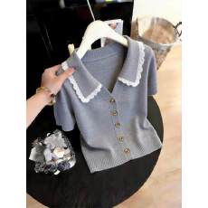 批发2026夏季新款爆款洋气藏蓝色蕾丝花边针织衫高级感短袖上衣衬衫女