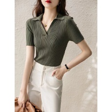 批发冰丝短袖新款POLO领上衣百搭洋气打底<b class='q'>针织衫</b>修身显瘦纯色t恤P蜻