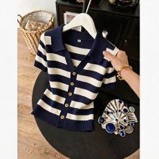 批发2026夏季新款小众条纹翻领短袖t恤<b class='q'>女装</b>时髦减龄显瘦冰丝针织上衣