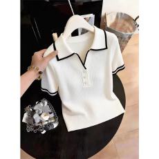 批发白色polo领针织短袖女2026新款夏季撞色坑条显瘦气质百搭短款上衣