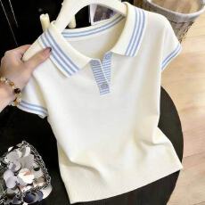 批发条纹海鸥v领polo衫针织短袖t恤女小个子短款正肩直筒显瘦气质上衣