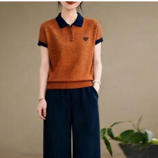 批发撞色时尚针织Polo领短袖t恤女2026新款洋气翻领拼色减龄上衣夏