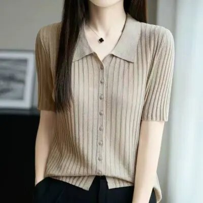 프랑스식 POLO 칼라 반팔 티셔츠 여성 얼음 마 니트 반소매 오픈 가디건 맨위 2026 새로운 얇고 가벼운 폴로 칼라 티셔츠