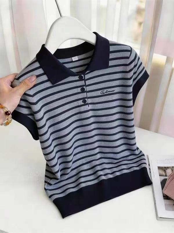 한 부서 연령 감소 POLO 칼라 스트라이프 반팔 티셔츠 여성 2026 새로운 품격 다용도 여름 작은 셔츠 느긋한 맨위