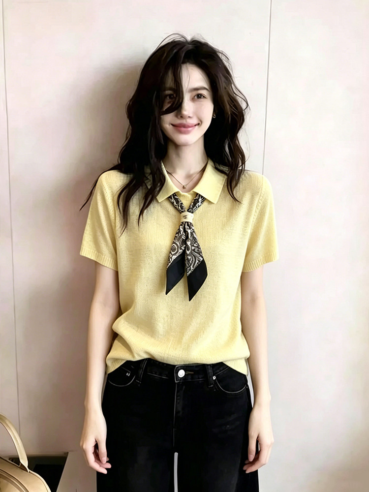 한 부서 도파민 황색 스카프 레이스업 반팔 니트 스웨터 여성 2026 여름 새로운 폴로 칼라 아름다운 맨위 트렌디