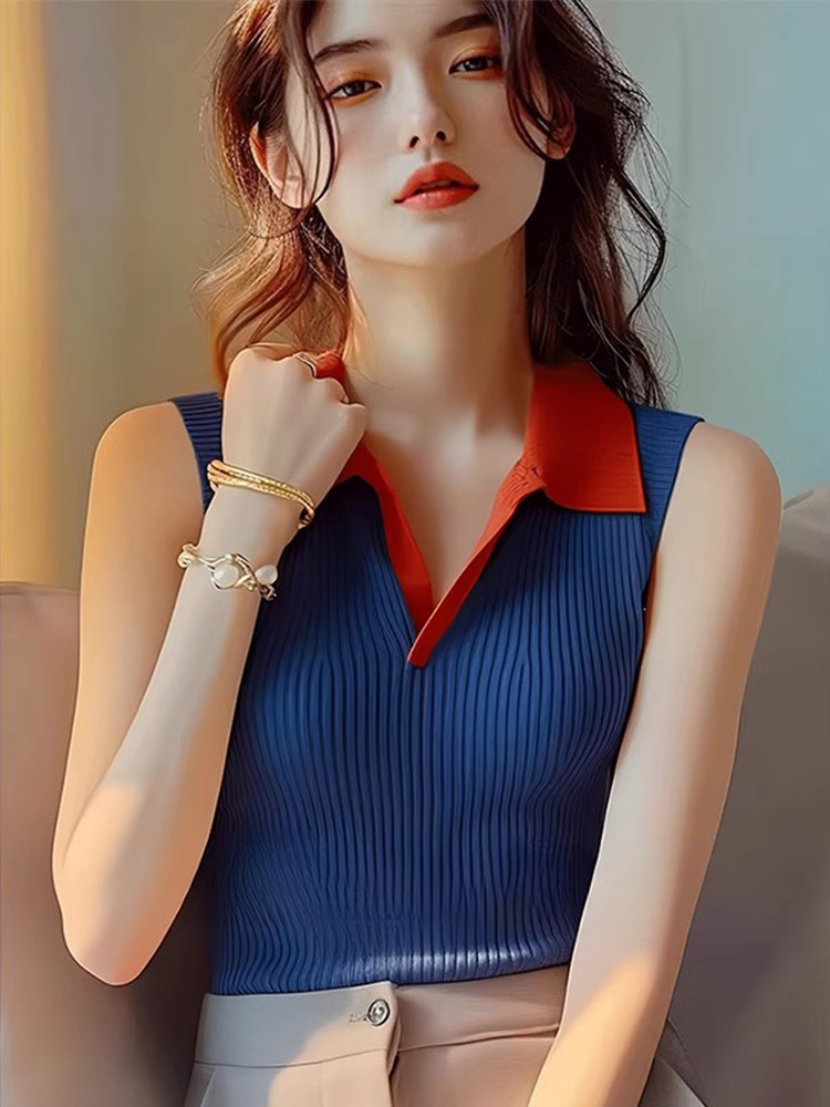 빨간색 블루 배색 POLO 셔츠 민소매 조끼 여성 여름 2025 새로운 세련된 외출용 몸매 가꾸기 슬림해 보이는 수 있습니다. 싱글 착용 맨위