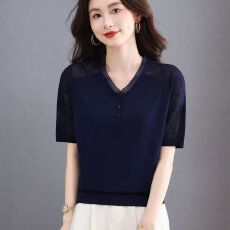 批发2026夏季新款冰丝短袖<b class='q'>妈妈</b>t恤女小个子蕾丝洋气显瘦针织凉感上衣