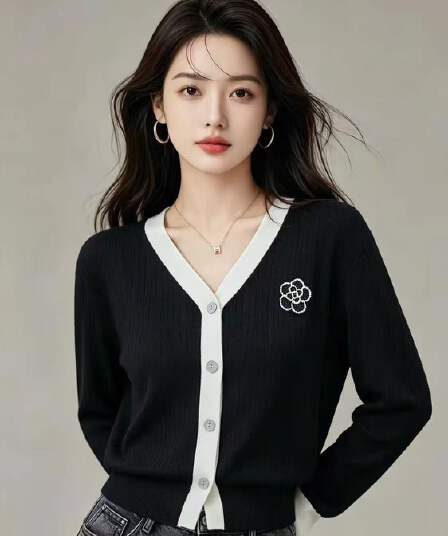 2026 프랑스식 품격 동백 나무 자수 배색 V넥 맨위 여성 한국 스타일 루즈핏 슬림해 보이는 긴팔 니트 오픈 가디건
