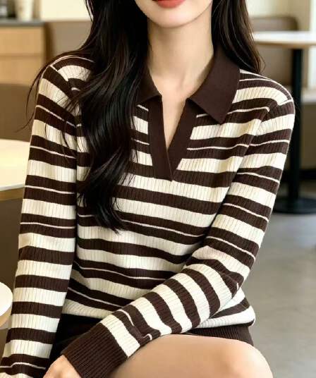 프랑스식 레트로 스트라이프 배색 칼라 긴팔 맨위 여성 의류 이른 가을 새로운 몸매 가꾸기 슬림해 보이는 니트 기본 셔츠