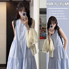 批发孕妇小个子无袖背心连衣裙法式温柔风初恋别致绝美蓝色长裙子