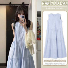 批发孕妇装法式温柔风小个子韩版拼接褶皱无袖连衣裙蓝色背心长裙