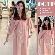 批发孕妇装粉色衬衫连衣裙女早秋2025新款韩系穿搭长袖宽松长衬衫