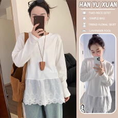 批发孕妇装拼接宽松开叉花边白t恤2025年春新款<b class='q'>韩版</b>百搭休闲上衣