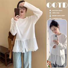 批发孕妇蕾丝花边打底衫白色长袖t恤女春秋2025新款<b class='q'>韩版</b>开叉上衣