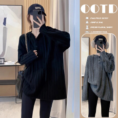 批发<b class='q'>春</b>秋韩系连帽抽绳套头毛衣女纯色百搭休闲加厚中长款针织毛衣外套