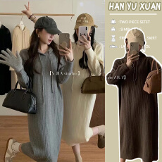 批发连帽针织连衣裙女2025<b class='q'>春</b>秋新款内搭小个子打底宽松毛衣裙秋冬杏色