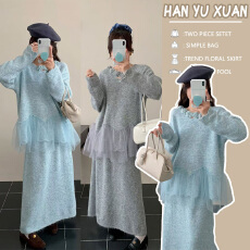 批发<b class='q'>孕妇装</b>新品2025超火搭配一整套网纱拼接立体花朵毛衣两件套装裙