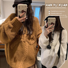 批发孕妇装蝴蝶结毛衣女马海毛针织衫秋冬宽松慵懒圆领套头加厚上衣