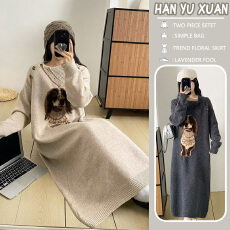 批发孕妇装设计感慵懒<b class='q'>可爱</b>小狗毛衣纽扣长袖针织衫宽松休闲毛衣<b class='q'>连衣裙</b>