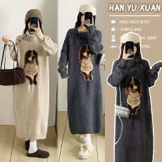 孕妇装2025年秋冬美式复古卡通小狗灰色高领套头毛衣针织连衣裙女