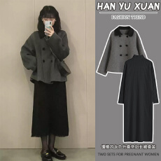 批发孕妇装小香风茶系穿搭一整套毛呢短外套打底毛衣连衣裙两件套装