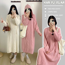 孕妇装秋冬新款连帽长袖宽松针织连衣裙女小众气质毛衣长裙子