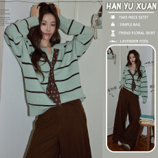 批发孕妇装慵懒宽松条纹针织衫女秋季新款小众时尚翻领长袖通勤上衣