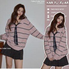 批发<b class='q'>孕妇</b><b class='q'>韩</b>系翻领长袖粉色条纹毛衣2025秋季新款宽松洋气百搭针织<b class='q'>上衣</b>