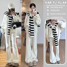 批发<b class='q'>孕妇装</b>2025您秋冬韩系撞色披肩白色毛衣针织<b class='q'>上衣</b>+白色裤子三件套