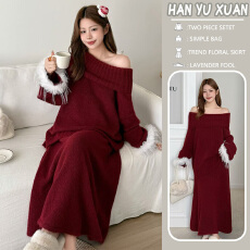 批发<b class='q'>孕妇</b><b class='q'>新年</b>红一字肩针织套装女秋冬慵懒风毛衣半身裙两件套显瘦气质