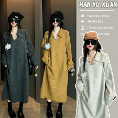 批发孕妇装2025秋<b class='q'>冬</b>新款少女感设计感重工编织亮片翻领宽松针织连衣裙