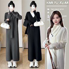 批发孕妇毛衣裙套头女秋<b class='q'>冬</b>慵懒风宽松带围脖中长款过膝内搭打底针织裙