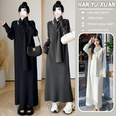 批发孕妇装秋冬慵懒风<b class='q'>休闲</b>百搭毛衣连衣裙新款配围巾复古气质过膝长裙