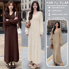 批发<b class='q'>孕妇</b><b class='q'>毛衣裙</b>套头女秋冬慵懒风宽松V领<b class='q'>中长款</b>过膝内搭打底针织裙子