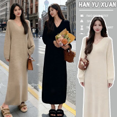 批发<b class='q'>孕妇装</b>2025年新款v领针织连衣裙女秋冬宽松慵懒风直筒毛衣长裙子