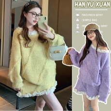 批发<b class='q'>孕妇</b><b class='q'>毛衣</b>套装女2025新款冬季加厚时尚洋气减龄黄色针织短裙两件套