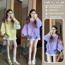 批发<b class='q'>孕妇装</b>黄色毛衣套装2025新款秋冬季港味慵懒加厚针织半身裙两件套