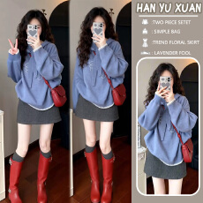 批发孕妇装蓝色连帽宽松\针织毛衣<b class='q'>秋</b>冬穿搭高级感巨好看的上衣不撞款