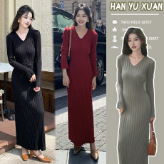 批发孕妇装2025年v领坑条针织<b class='q'>连衣裙</b>女秋冬新款绑带收腰简约打底裙子