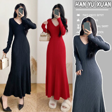 批发<b class='q'>孕妇装</b> 气质V领针织毛衣连衣裙女秋冬性感辣妹内搭包臀鱼尾长裙