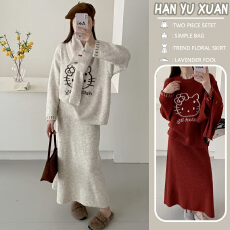 批发孕妇装2025秋<b class='q'>冬</b>新款时尚洋气卡通针织毛衣+半身裙两件套装